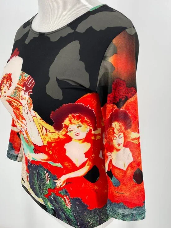 Vintage 90s Jessica Max Cabaret Graphic Top Mesh Sleeve Size M - Picture 4 of 9